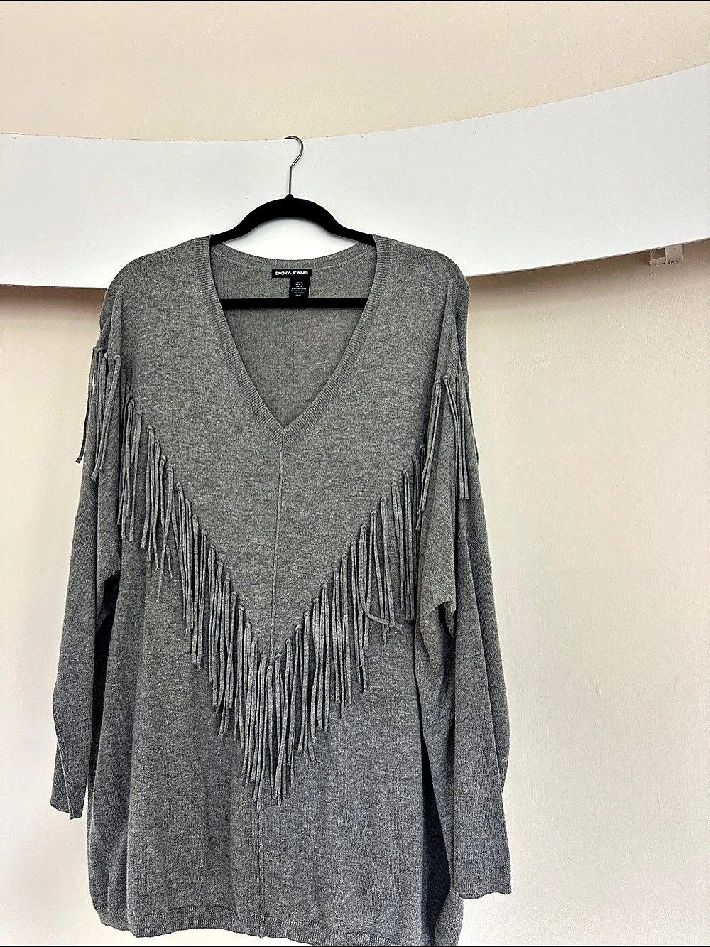 DKNY Jeans Gray Fringe V-Neck Tunic